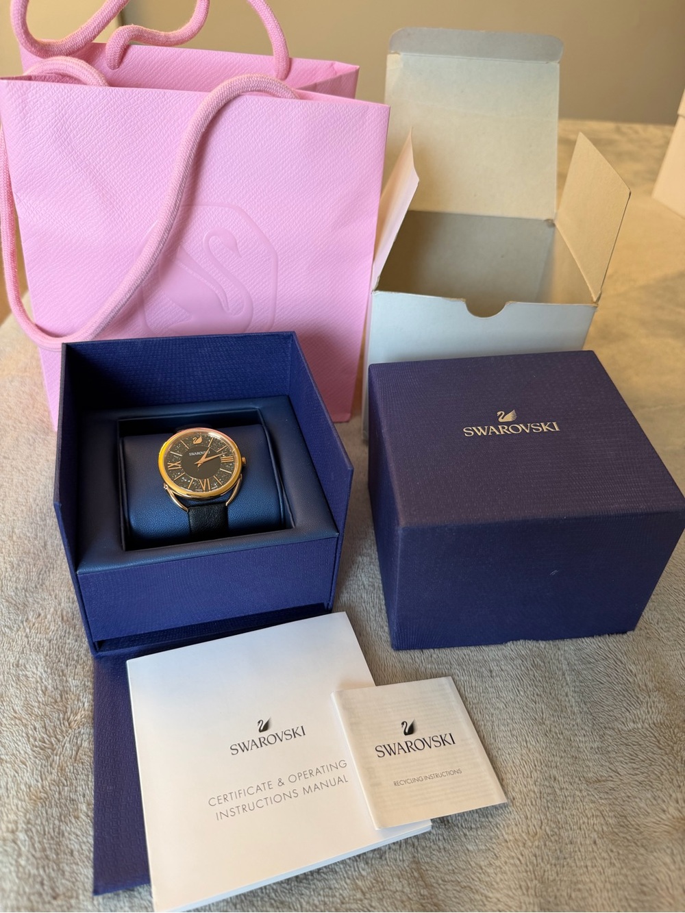 NWOT Swarovski Gold & Black Dial Leather Strap Watch